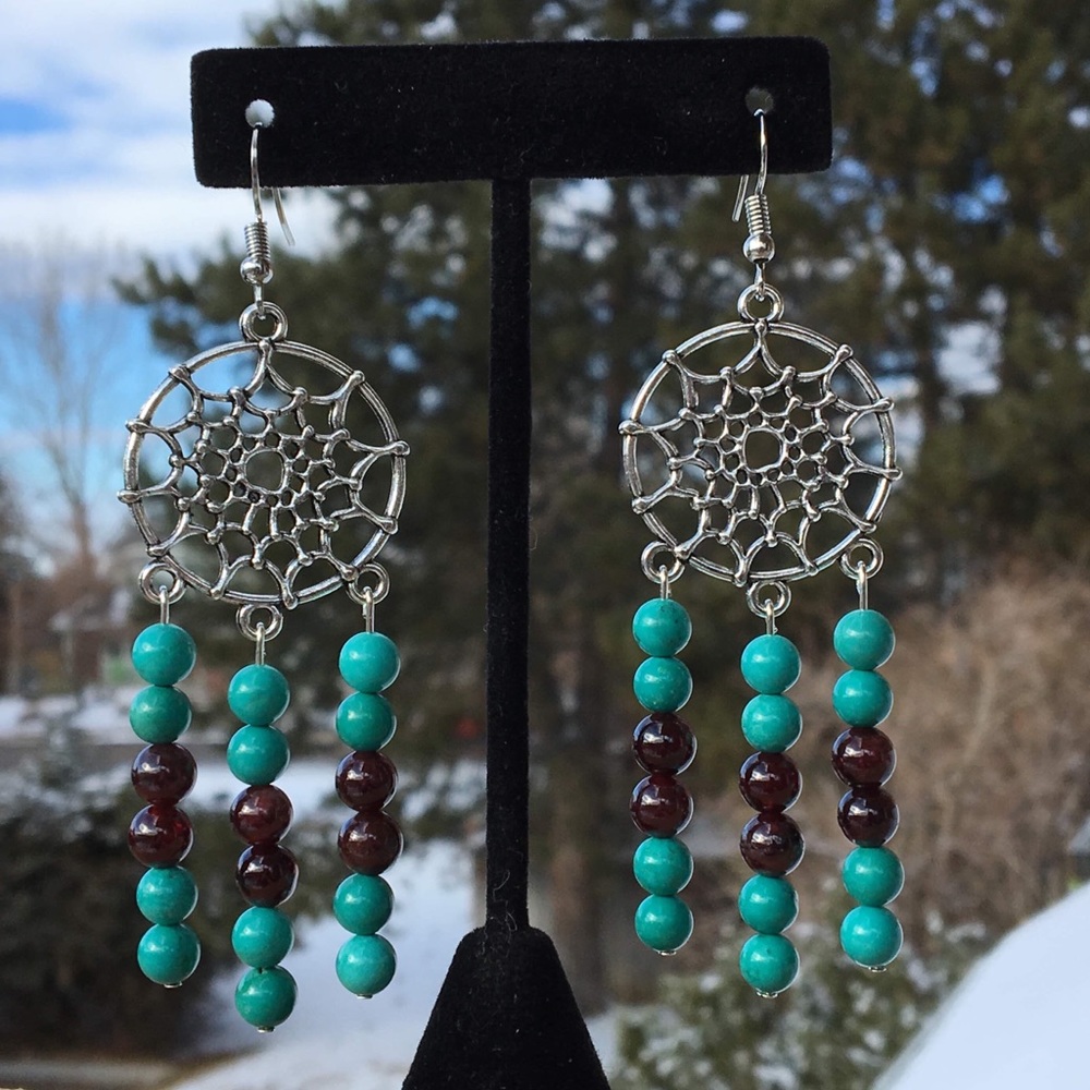 Turquoise Magnesite Garnet Dreamcatcher Earrings - Picture 6 of 8